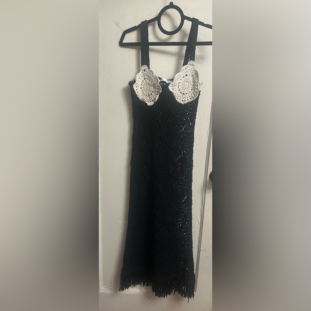 Chic Black Dress with White Crochet Accents